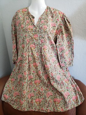 Ladies Long Slv Henley Blouse, Sage & Flowers, Cool & Lightweight, Plus 1X 2X ?