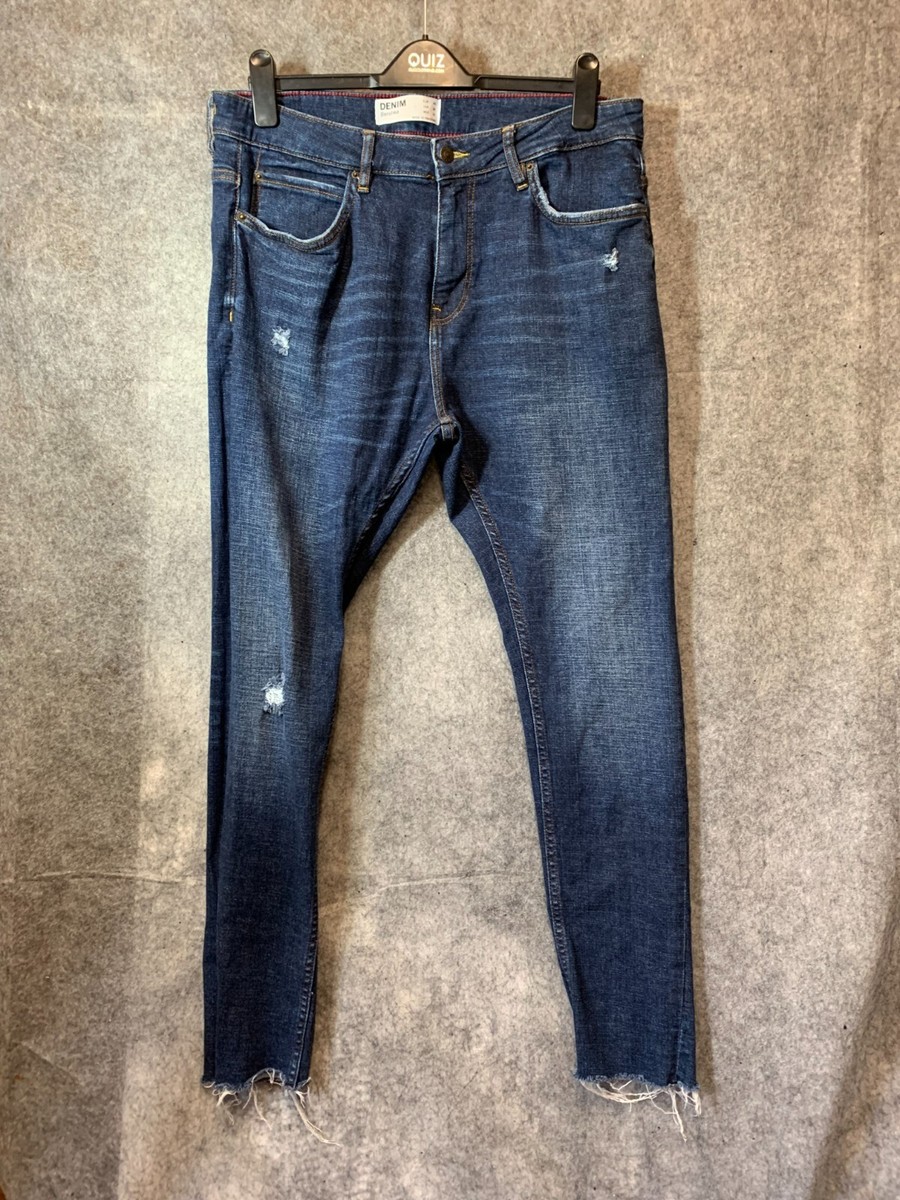 Bershka Denim Mens Super Skinny Fit Distressed Jeans Size W36-L29 Navy Blue  0310