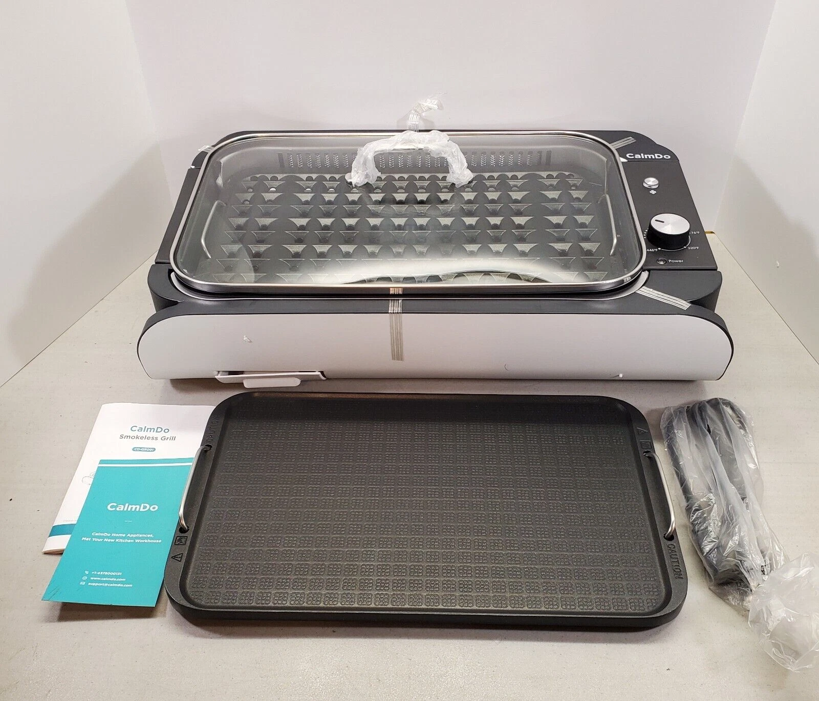 CalmDo Smokeless Electric Indoor Grill W/ Tempered Glass Lid CD-GR001 NEW