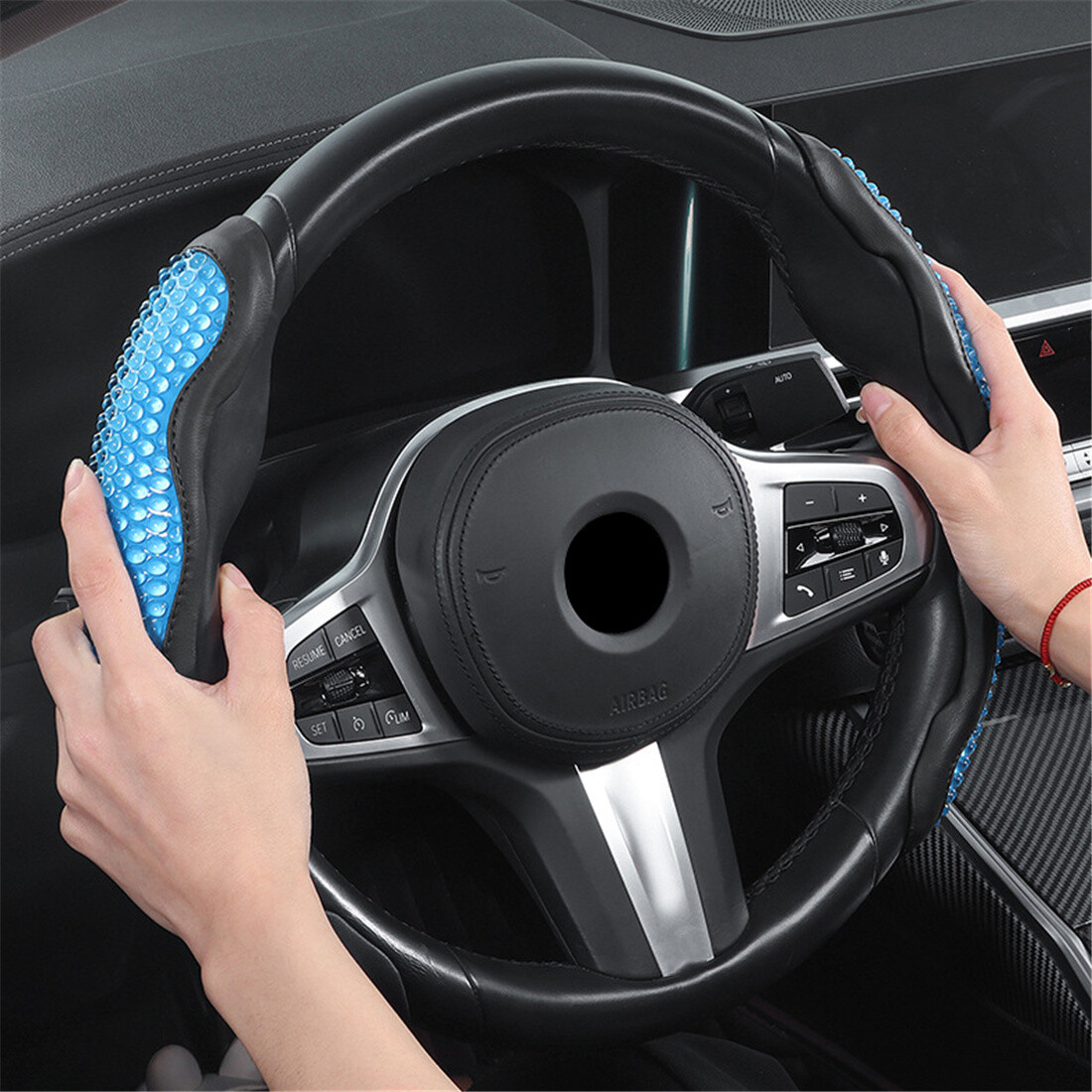 Universal Anti-Slip Blue Gel Leather Steering Wheel Cover for Enhanced Grip