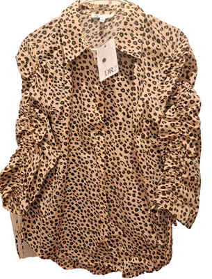 DR2 Leopard Print Blouse, 3/4'' Sleeves w/ Fabric Ties, Collared, XL, NWT