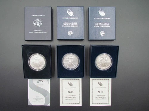 3 BU AMERICAN EAGLE SILVER DOLLARS (2) 2012 2007 W UNCIRCULATED NO RESERVE NR