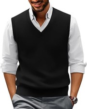 Mens V-Neck Knitted Sweater Vest Solid Plain Sleeveless Pullover X-Large Black