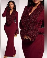 Elegant Burgundy Long Sleeve Fur Dress