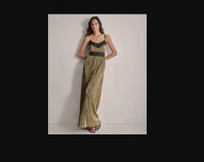 DKNY Women's Gold Pleated Metallic Lace-Trim Sleeveless Gown Dress Size 6