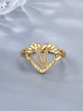 Gold Heart Adjustable Ring With Letter V For Women