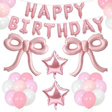 Bow Party Decorations Pink Happy Birthday Balloons Banner Pink Birthday Decor...