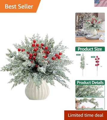 60 Pcs Snow Flocked Pine Branches with Vivid Red Berries for DIY Holiday Crafts