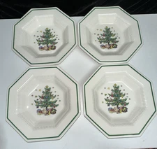 SET OF 4-Nikko Christmastime 8.25" Octagonal Rimmed Soup Bowls FREE SHIPPING