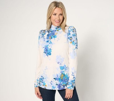 Susan Graver Printed Liquid Knit Puff Sleeve Mock Neck Top Sky/Ivory 3X New