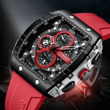 CURREN Men Sport Watch Rectangular Large Dial Hollow Skeleton Leather Waterproof