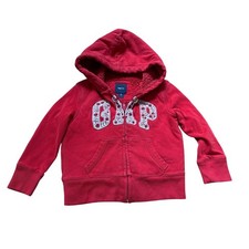 Gap Kids Hoodie Girls Red Good Sherpa Lined Floral Logo Zip Up SIZE XS 4-5