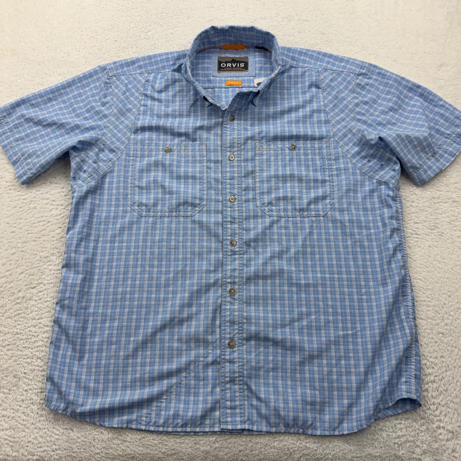 Orvis Mens Active Fit Blue Plaid Short Sleeve Button Down Shirt XL RN70534