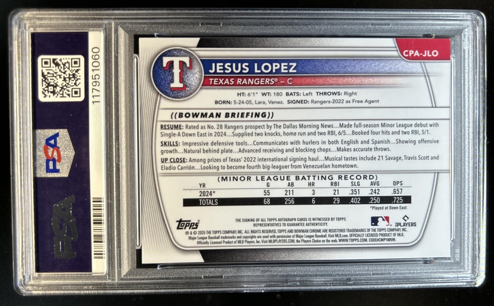 2025 Bowman Jesus Lopez Chrome Auto Orange Wave Refractor 1st #/25 Rangers PSA 9 view 2