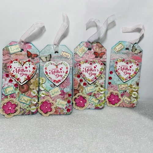 Happy Mother’s Day Flowers Heart Gift Hang Tags To/From Shabby Set Of 4 Handmade - Picture 3 of 9