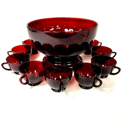 VTG Anchor Hocking Royal Ruby Red 11 pcs: Punch Bowl, Pedestal Base and 9 Cups