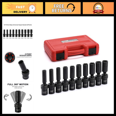10 PCS 1/2'' Drive Deep Impact Socket Set, Metric 10-19mm, Universal Fit, Durable