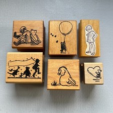 Vintage Winnie the Pooh, Christopher, Eeyore, and Piglet Wood 6 Rubber Stamp Set