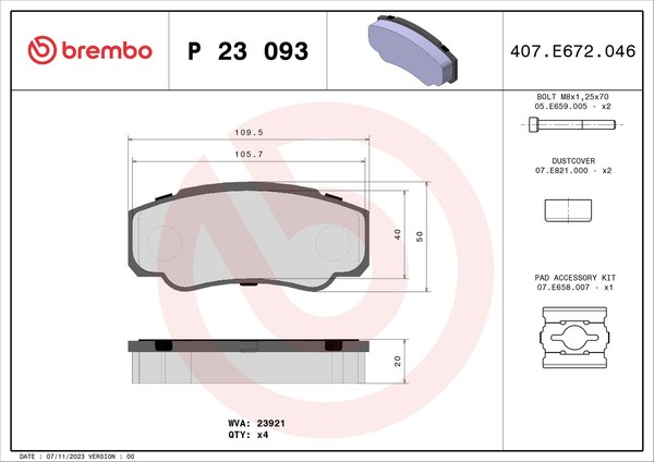 Hinterachse Brembo P 23 093 Bremsbelagsatz, Scheibenbremse FüR CitroËN,Fiat,Peug-image