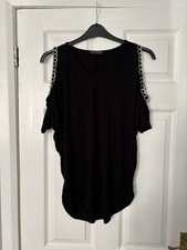Select Women’s Black V Neck Top With Gold Chain Cold Shoulder Size 14