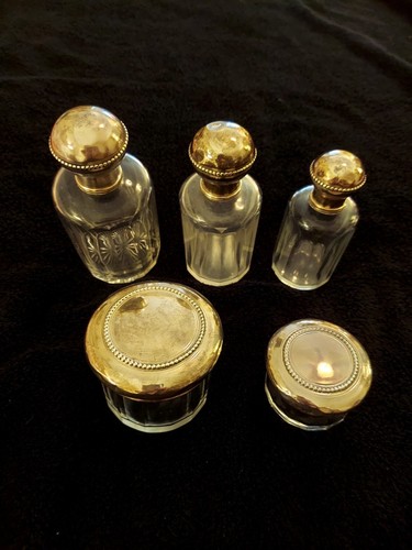 Men's Vintage 1900s Crystal Silver 925 Set 3 Cologne Bottles and 2 Cream Jars