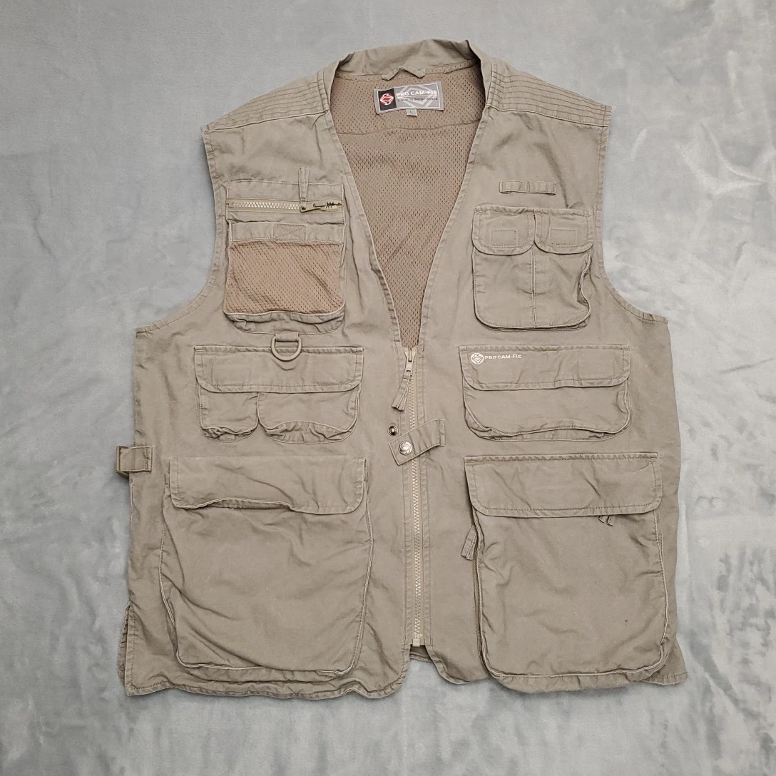 Pro Cam Fis Vest Mens L Green Canvas Outdoor Travel Utility Photography Fishing