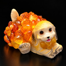 Made in USA Natural Baltic Amber Golden Retriever Puppy Figurine, Lying Dog