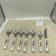 Lot Of 7 Piece Christmas Holiday Holly Ribbon Plastic Handled Stainless Steel