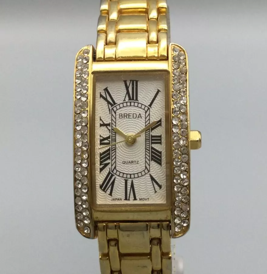 Breda Tank Watch Women 22mm Gold Tone Tank Pave Bling Bezel New