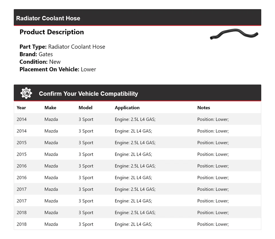 For 2014-2018 Mazda 3 Sport Radiator Coolant Hose Lower Gates 2015 2016 2017 - Image 2 of 3