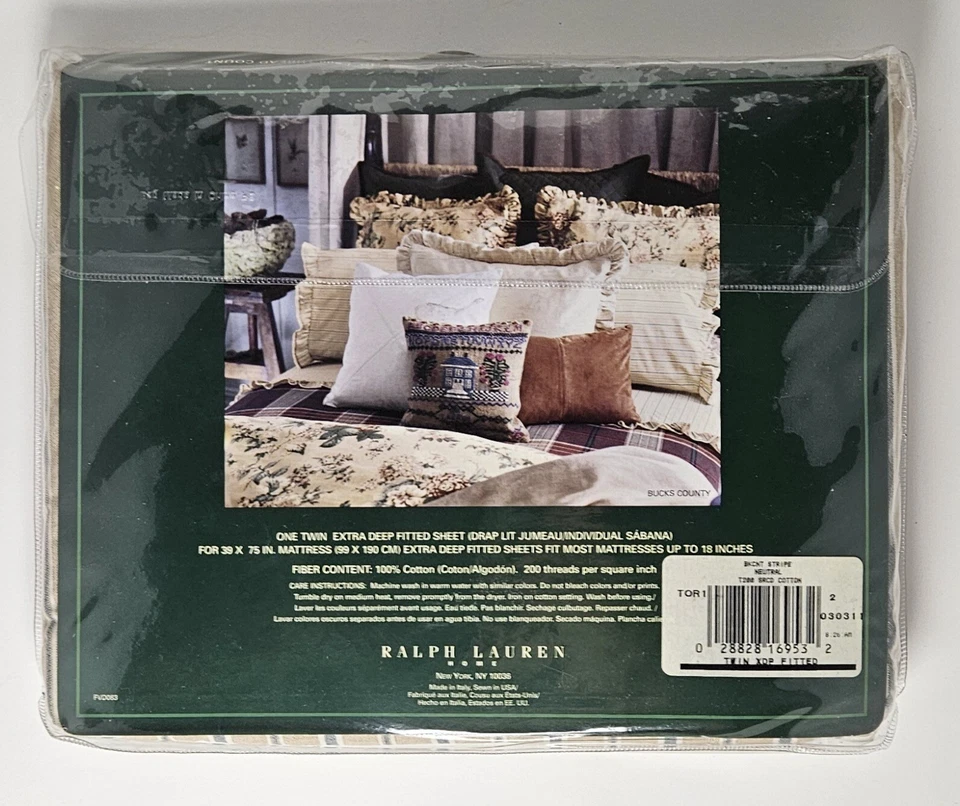 Ralph Lauren Bucks County Beige & Blue Twin Extra Deep Fitted Sheet 39" X 75" - Image 2 of 2