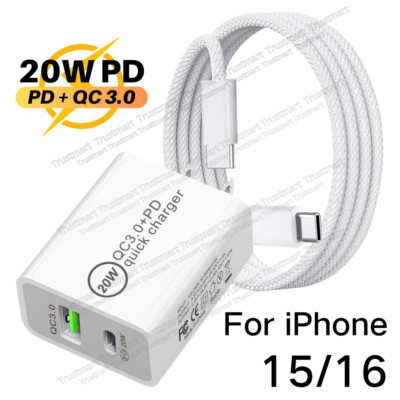 Dual USB Wall Charger 20W Fast PD Power Adapter TypeC QC3.0 For Android iPhone15