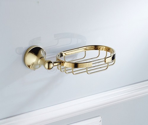 Polished Gold Brass Bathroom Shower Soap Basket Wall Mounted Soap Dish Holder - Picture 6 of 7