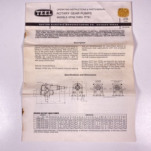 Teel Operating Instructions & Parts Manual Rotary Gear Pumps 1P765