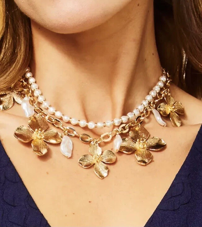 Lilly Pulitzer NECKLACE Via Flora Gold Metallic And Faux Pearls New In Pack