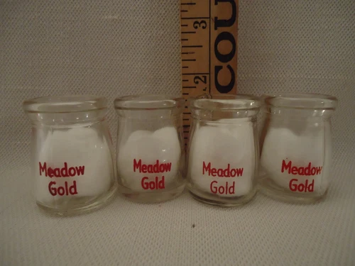 4 Vintage Glass Meadow Gold Individual Creamers or Milk Bottles