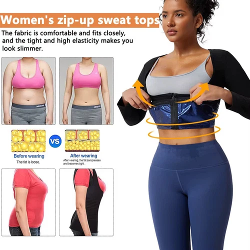 Damen Sauna Anzug Schwitzen Schlankmacher Weste Body Shaper Reißverschluss Langarm Fitnessstudio Tops - Bild 6 von 13