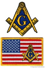 LOT TWO MASONIC LOGO USA FLAG EMBROIDERED PATCHES FREEMASON SQUARE COMPASS MASON