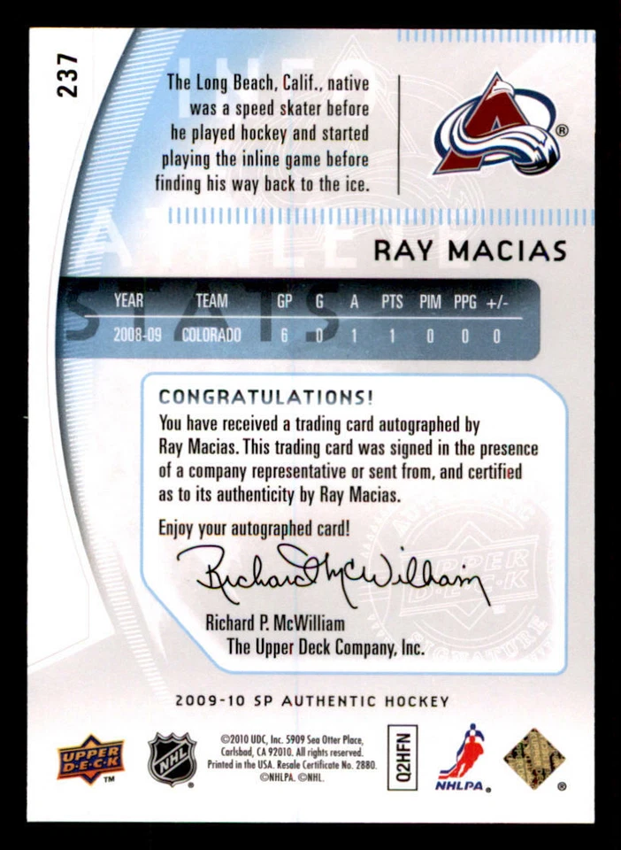 2009-10 SP Authentic #237 Ray Macias AU RC /999 (ref 239864) - Image 2 of 2