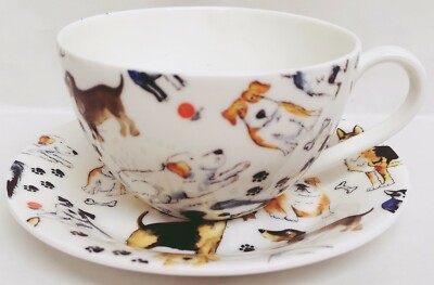 Hunde Frühstück Tasse & Untertasse Set Fine Bone China niedliche Collage Hunde Hand Dekor UK