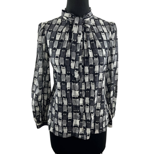 MILLY Black Gray Owl Print Silk Blouse Button-Up … - image 1