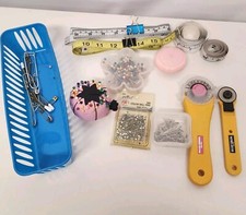 Sewing Tool Lot Olfa Rotary & Pinking Cutters Dean Tape Measure Pins Cushion Vtg