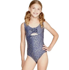 Girls One Piece Swimsuit Size M 7/8 Navy Gold Stars Art Class Target UPF 50 