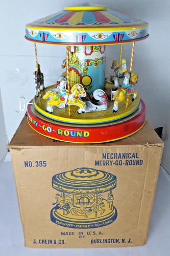 Vintage 1950's J.Chein Merry Go Round Windup Tin Toy Carousel In Original Box