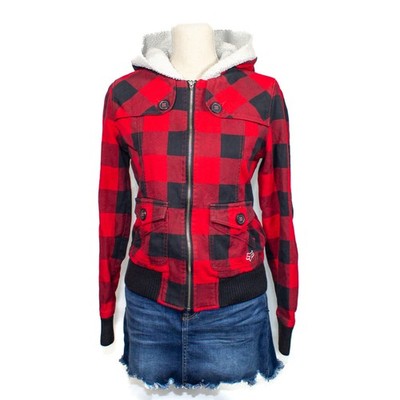 Fox Girls Racing Jacket Womens Size M Buffalo Plaid Full Zip Hooded Coat