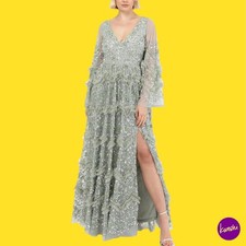 MAYA DELUXE Women's Sequin Maxi Dress, Ruffle V Neck, Green Lily, UK 16 | EU 44