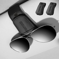 Magnetic Sunglass Holder for Car Visor Clip - Genuine Leather Black-2PC