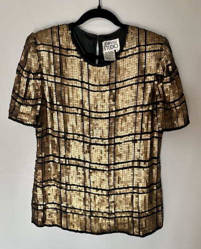 Vintage Joan Leslie Studio Gold Sequin Silk Top L Beaded Evening Party Blouse