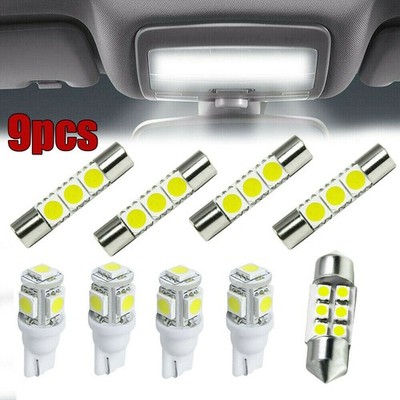 9pcs White LED Interior Lights Package Kit License Plate Light Map Dome Lamp