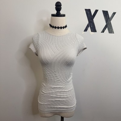 Vintage Y2K Bebe White Textured Stretch Top Cap Sleeves Fitted Indie Minimal PS